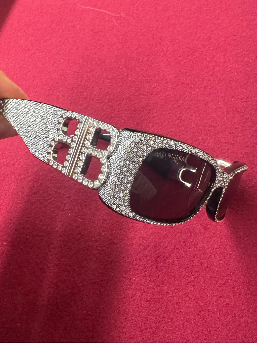 Balenciaga Silver Crystal-Studded Black Lens Sunglasses